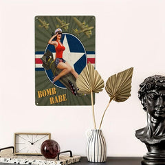 Metal Sign Girl Posing Airplane Sitting On Shark Bomb American Flag