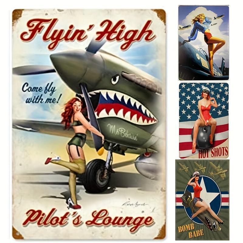 Metal Sign Girl Posing Airplane Sitting On Shark Bomb American Flag