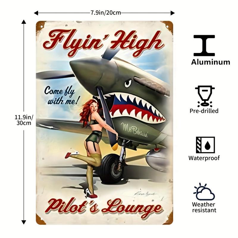 Metal Sign Girl Posing Airplane Sitting On Shark Bomb American Flag