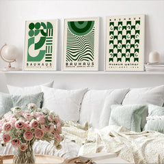 3pcs Abstract Modern Medieval Bauhaus Green Geometric Shapes Wall Art Set