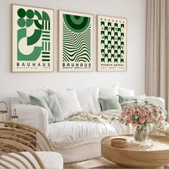 3pcs Abstract Modern Medieval Bauhaus Green Geometric Shapes Wall Art Set