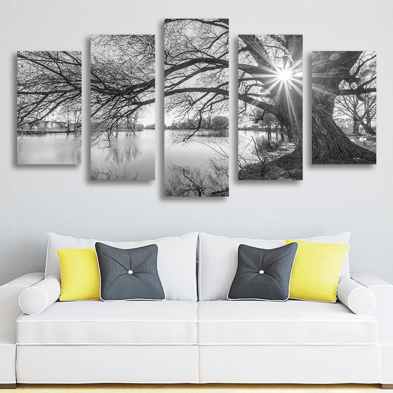 5 Panel Landscape Tree Branches Rivers Canvas Painting