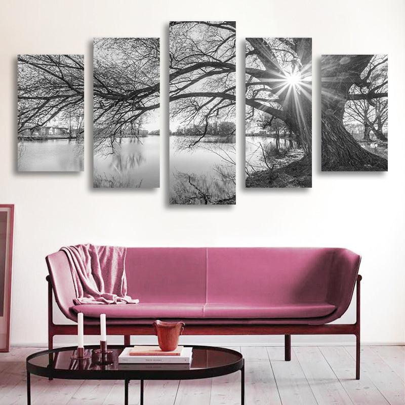 5 Panel Landscape Tree Branches Rivers Canvas Painting