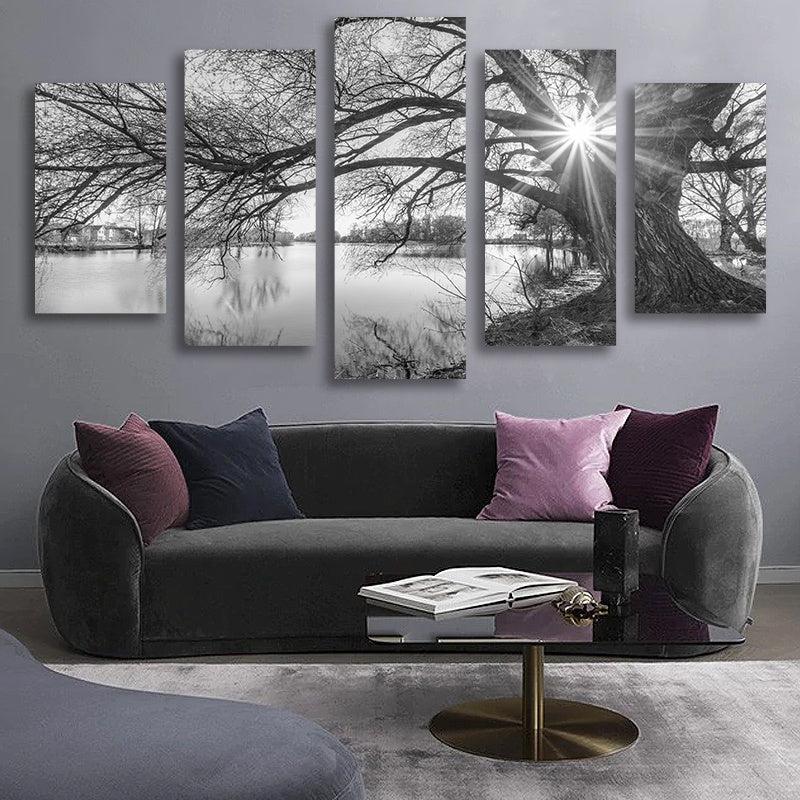 5 Panel Landscape Tree Branches Rivers Canvas Painting