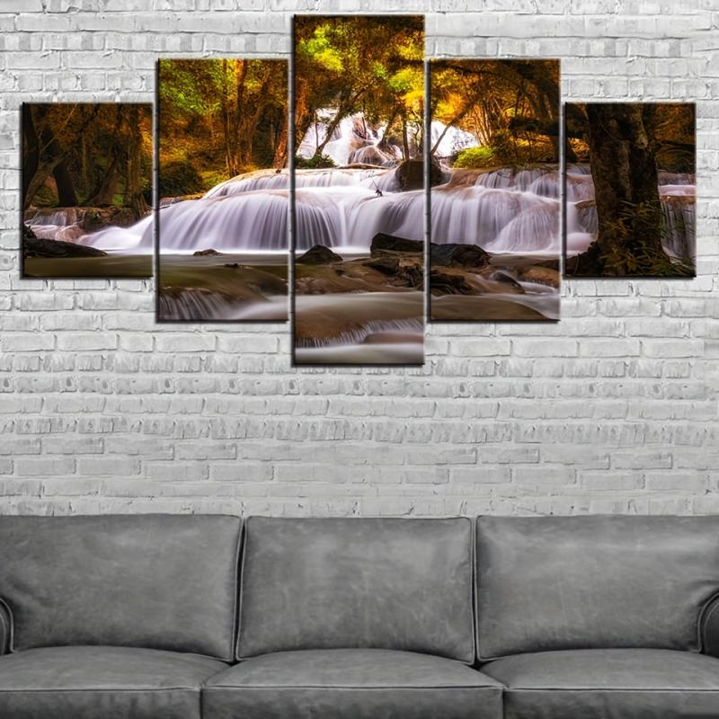 5 Panels Tree Waterfall Landscape Canvas Painting Home Decor