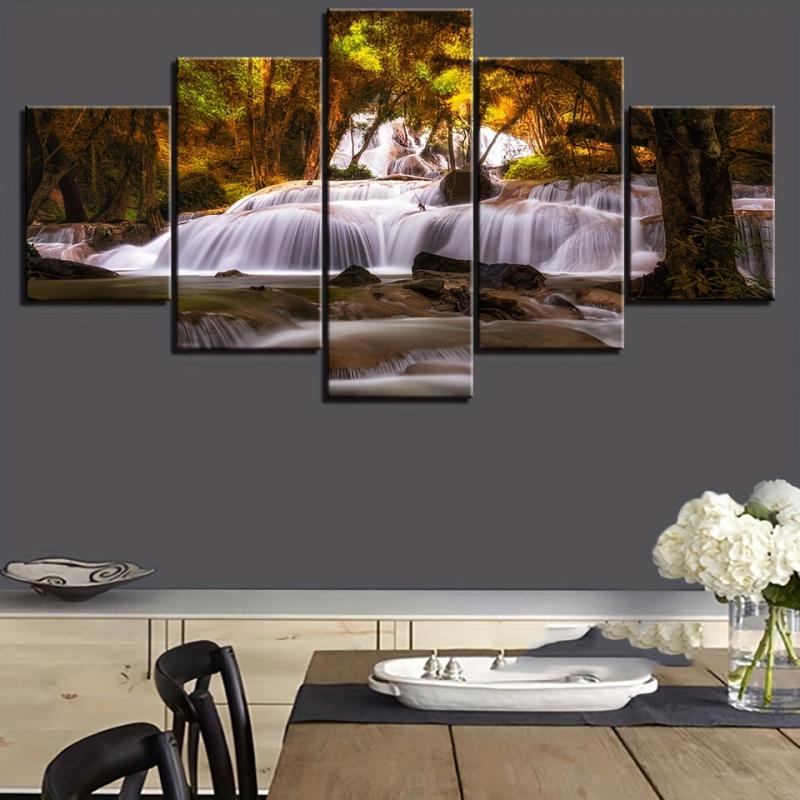 5 Panels Tree Waterfall Landscape Canvas Painting Home Decor