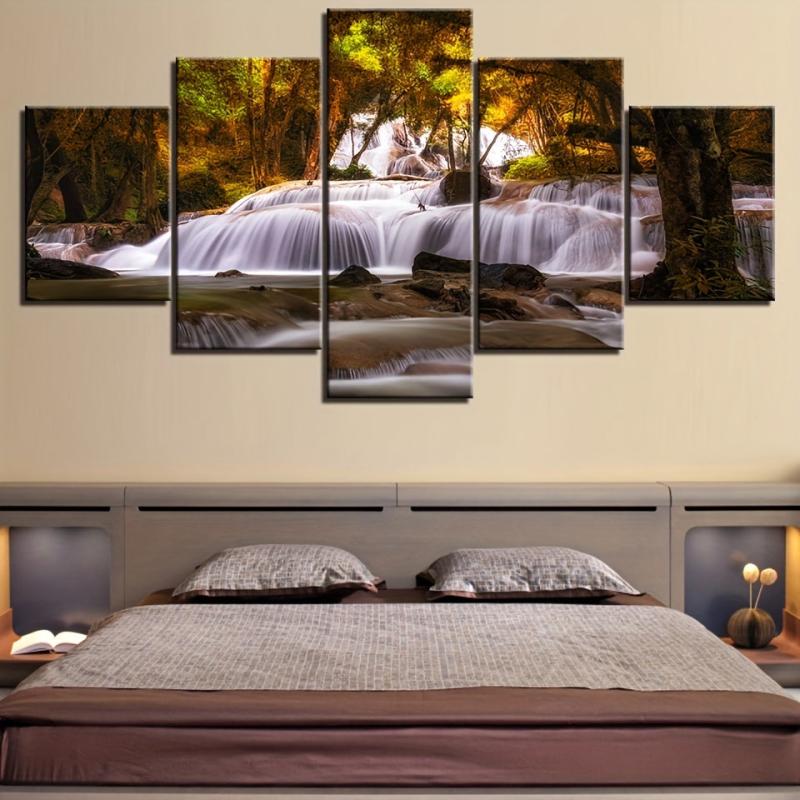 5 Panels Tree Waterfall Landscape Canvas Painting Home Decor