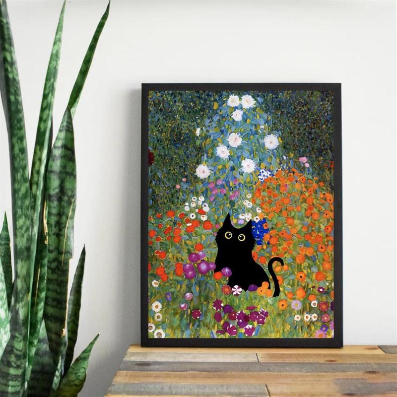 Abstract Canvas Painting Klimt Flowers Cat Painting On Canvas Wall Art