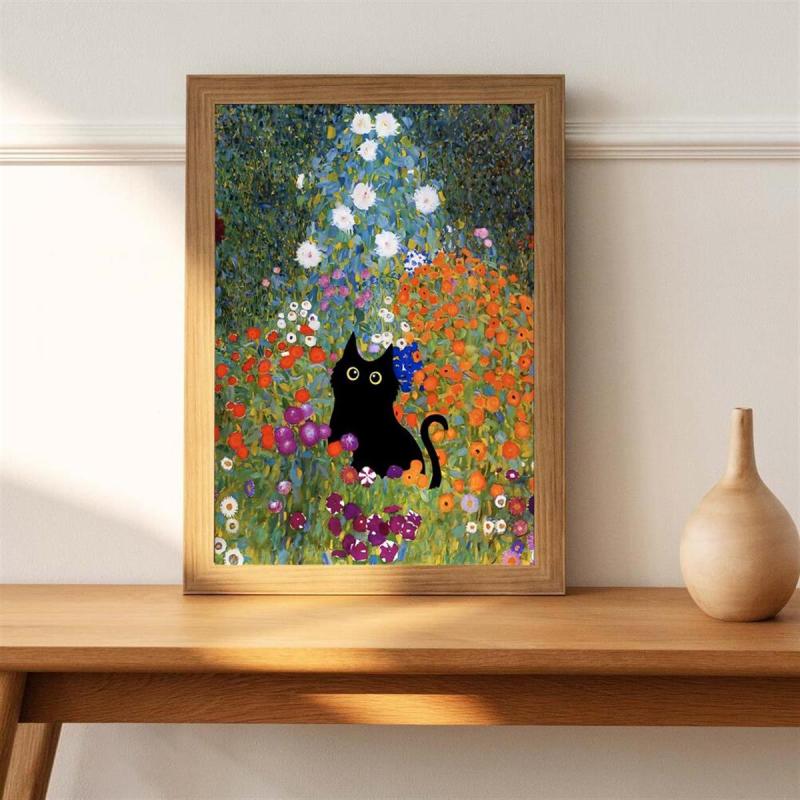 Abstract Canvas Painting Klimt Flowers Cat Painting On Canvas Wall Art