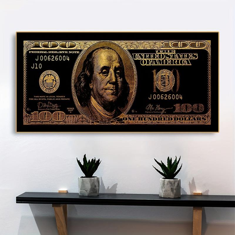 Golden 100 Banknote Canvas Poster for Office and Living Room Decor
