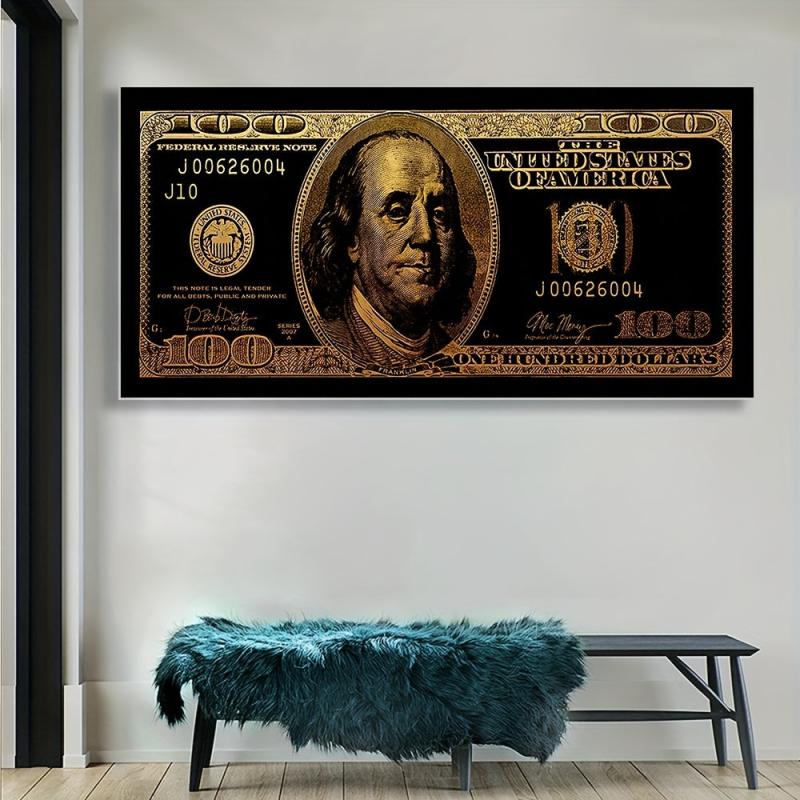 Golden 100 Banknote Canvas Poster for Office and Living Room Decor