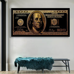 Golden 100 Banknote Canvas Poster for Office and Living Room Decor