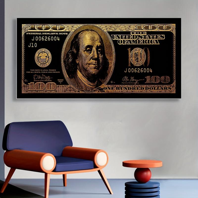 Golden 100 Banknote Canvas Poster for Office and Living Room Decor