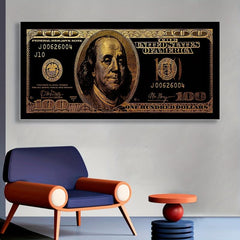 Golden 100 Banknote Canvas Poster for Office and Living Room Decor