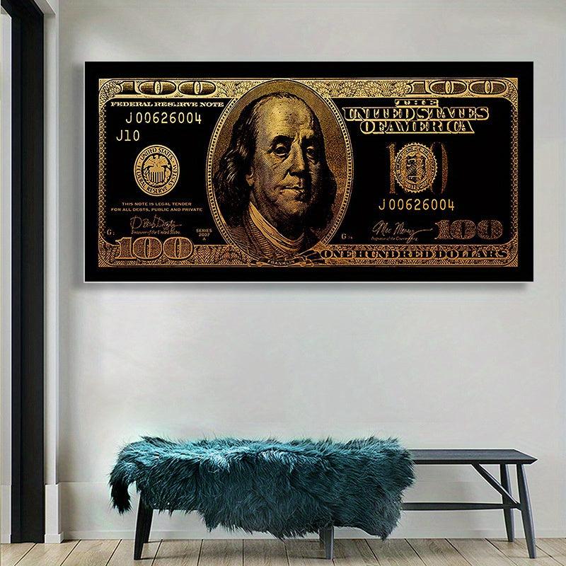 Golden 100 Banknote Canvas Poster for Office and Living Room Decor