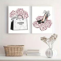 4pcs Girl Posters Dress Canvas High Heels Wall Pictures Pink Flowers Art