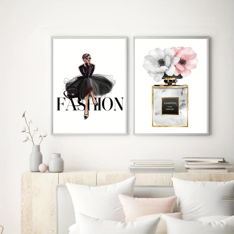4pcs Girl Posters Dress Canvas High Heels Wall Pictures Pink Flowers Art