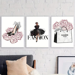 4pcs Girl Posters Dress Canvas High Heels Wall Pictures Pink Flowers Art