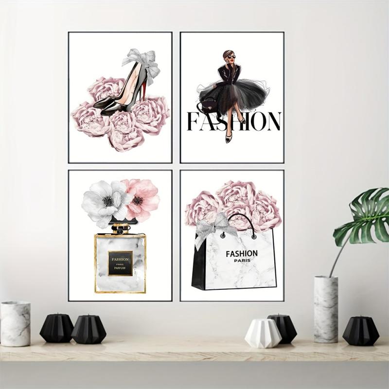 4pcs Girl Posters Dress Canvas High Heels Wall Pictures Pink Flowers Art