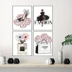 4pcs Girl Posters Dress Canvas High Heels Wall Pictures Pink Flowers Art