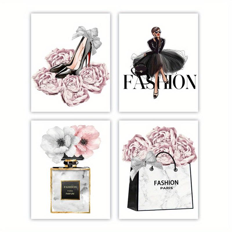 4pcs Girl Posters Dress Canvas High Heels Wall Pictures Pink Flowers Art
