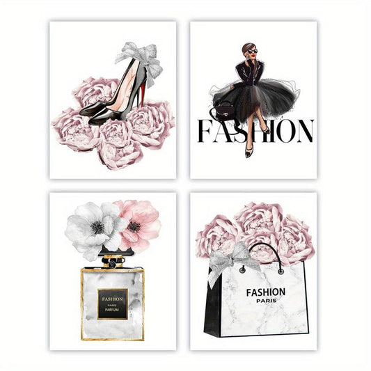4pcs Girl Posters Dress Canvas High Heels Wall Pictures Pink Flowers Art