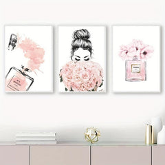 6pcs Pink Flowers Perfume Lipstick Print Poster