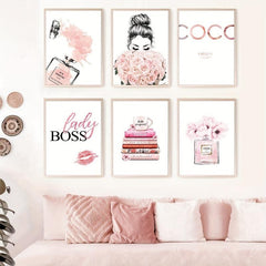 6pcs Pink Flowers Perfume Lipstick Print Poster