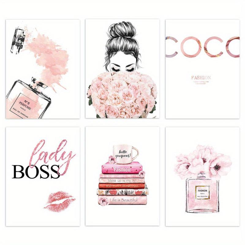 6pcs Pink Flowers Perfume Lipstick Print Poster