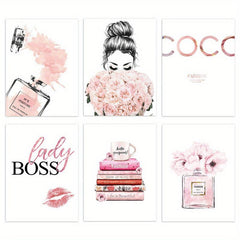 6pcs Pink Flowers Perfume Lipstick Print Poster