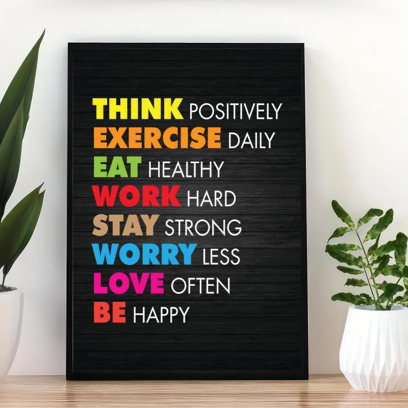 Modern Art Canvas Poster - Think Exercise Eat Work Stay Worry Love Be Happy Quot