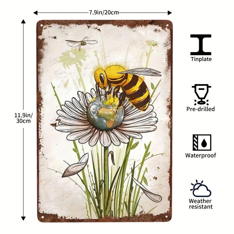 Sunflower & Bee Metal Tin Sign Summer Wall Decor