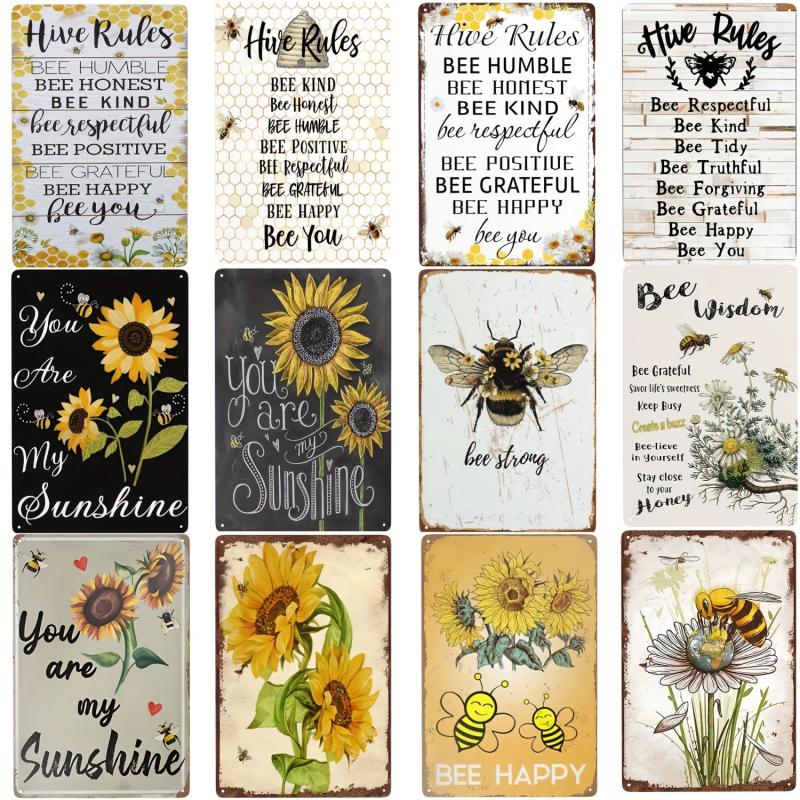 Sunflower & Bee Metal Tin Sign Summer Wall Decor