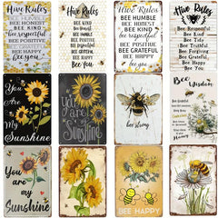 Sunflower & Bee Metal Tin Sign Summer Wall Decor