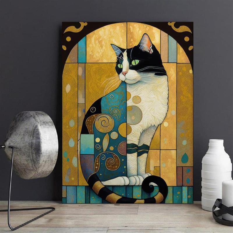 Canvas Poster Cat Art and Jewel Toned Pattern - Home Room Decor Wall Art