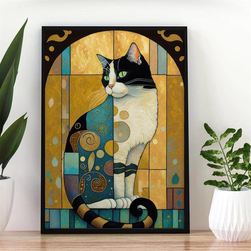 Canvas Poster Cat Art and Jewel Toned Pattern - Home Room Decor Wall Art