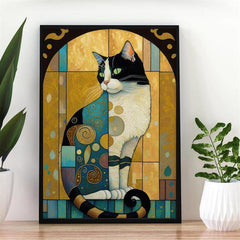 Canvas Poster Cat Art and Jewel Toned Pattern - Home Room Decor Wall Art