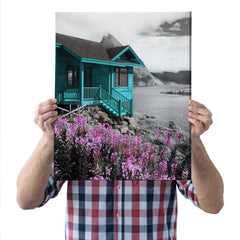 Framed Teal Pink Stream Boat Landscape Art 30x39 cm