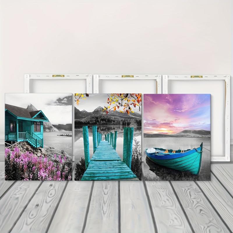 Framed Teal Pink Stream Boat Landscape Art 30x39 cm
