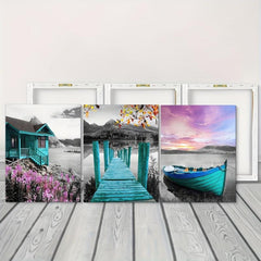 Framed Teal Pink Stream Boat Landscape Art 30x39 cm