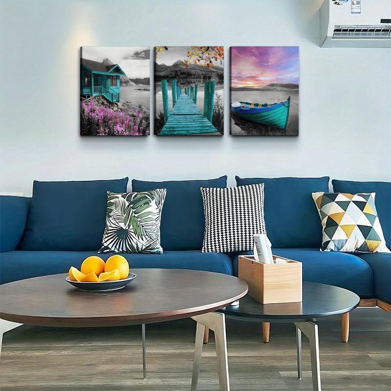 Framed Teal Pink Stream Boat Landscape Art 30x39 cm