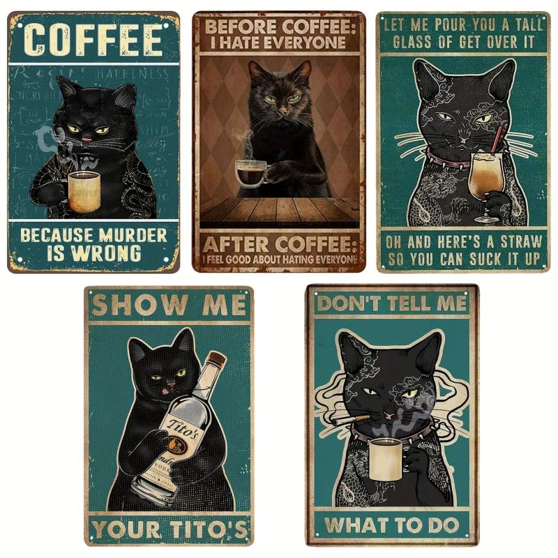 Vintage Cat Metal Sign Funny Coffee Poster Home Bathroom Bar Cafe Farm Wall Deco