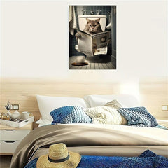 Cat Sitting On The Toilet Reading A Newspaper Funny Bathroom Humor Wall Decor