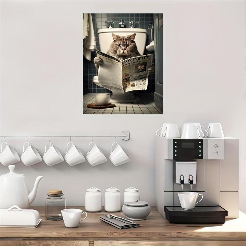 Cat Sitting On The Toilet Reading A Newspaper Funny Bathroom Humor Wall Decor