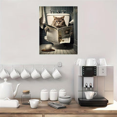 Cat Sitting On The Toilet Reading A Newspaper Funny Bathroom Humor Wall Decor