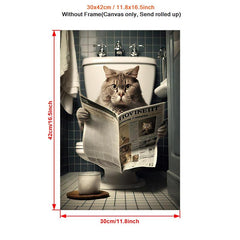 Cat Sitting On The Toilet Reading A Newspaper Funny Bathroom Humor Wall Decor