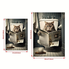 Cat Sitting On The Toilet Reading A Newspaper Funny Bathroom Humor Wall Decor