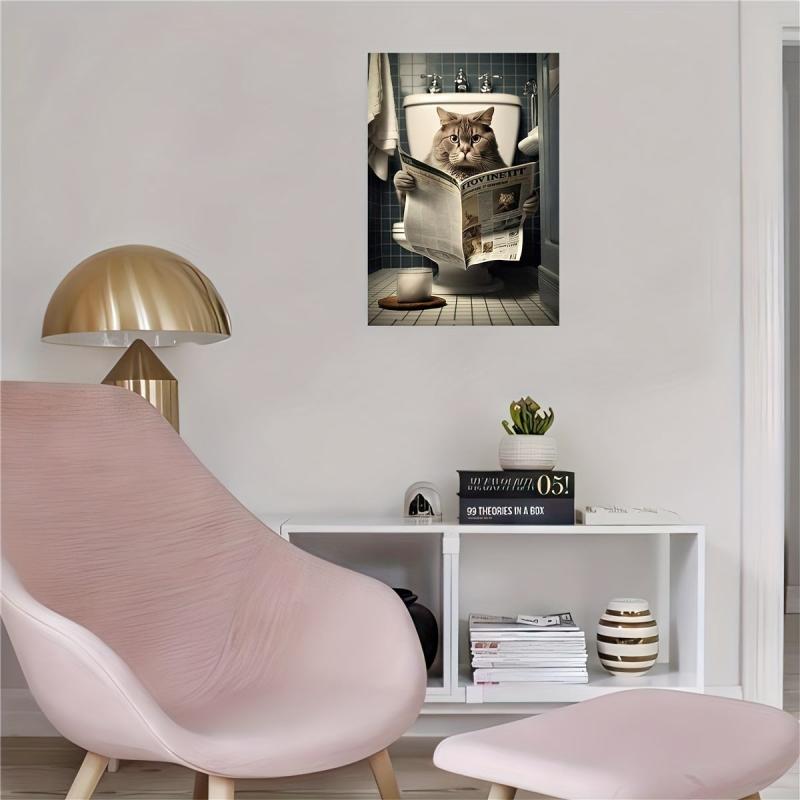 Cat Sitting On The Toilet Reading A Newspaper Funny Bathroom Humor Wall Decor