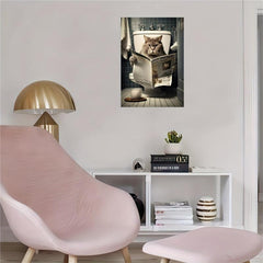 Cat Sitting On The Toilet Reading A Newspaper Funny Bathroom Humor Wall Decor