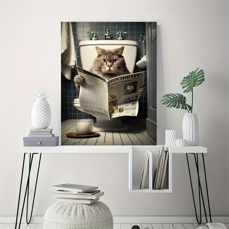 Cat Sitting On The Toilet Reading A Newspaper Funny Bathroom Humor Wall Decor